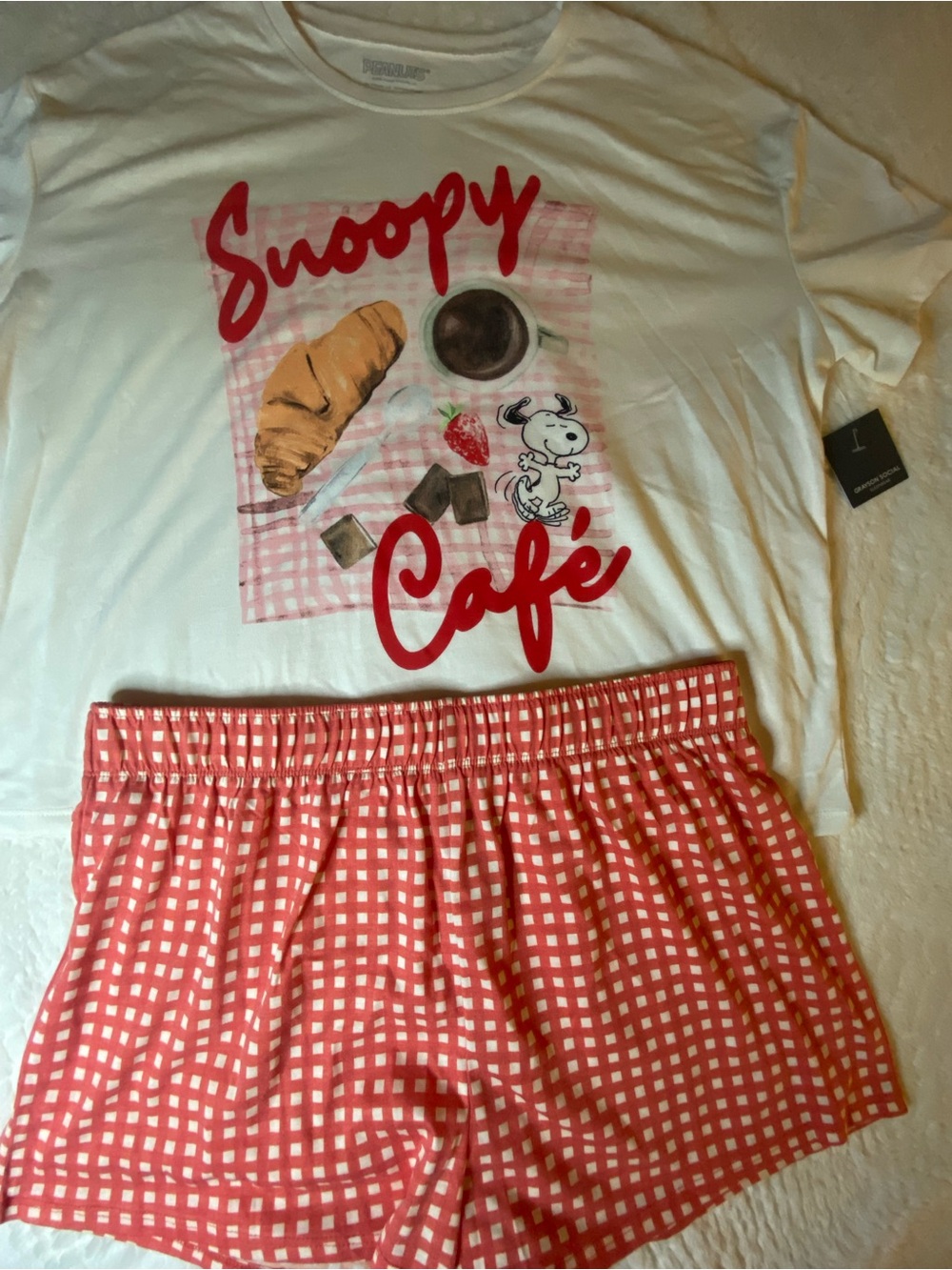 Peanuts Snoopy Café Women’s XL Pajama Set with Gingham Shorts NWT